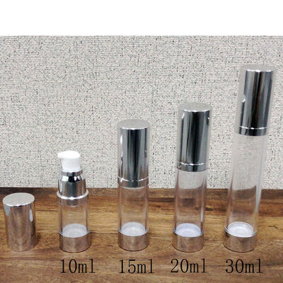 Garrafa cilíndrica de 10 ml 15 ml 20 ml 30 m de prata PP plástico sem ar com garrafa de bomba de loção popular