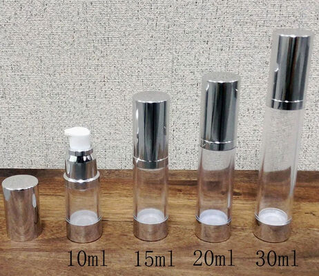 Garrafa de bomba de plástico sem ar de prata cilíndrica com garrafa de bomba de loção popular 5ml 15ml 20ml 30ml