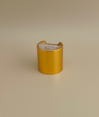 Amarela Alumínio-Plástico Redondo Gloss Cap com botão transparente para garrafas de cuidados com a pele