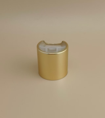 Tampa redonda lisa de alumínio-plástico dourado com botão transparente para frascos de cuidados com a pele